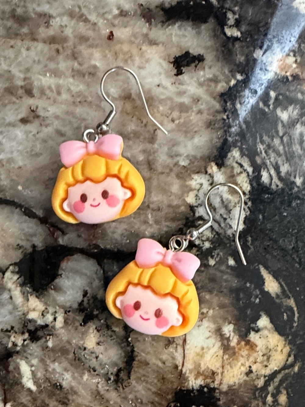 Cute Pink Bow Blonde Girl Dangle Resin Earrings
